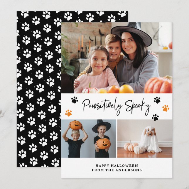 Black Pawsitively Spooky Pet Photo Halloween Holiday Card (Front/Back)