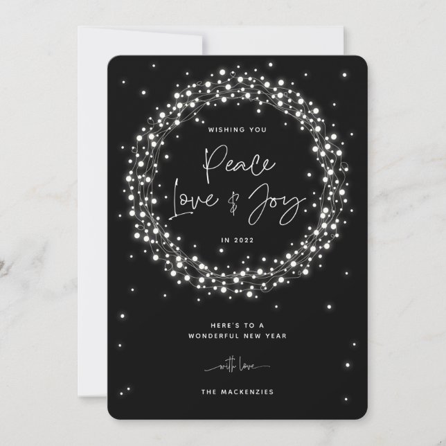 Black Peace Love+Joy Sparkling Lights Christmas Holiday Card (Front)