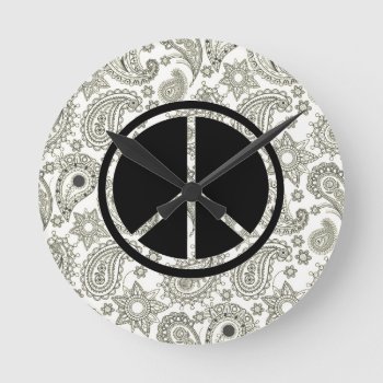 Black Peace & Paisley On White Round Clock by StuffOrSomething at Zazzle