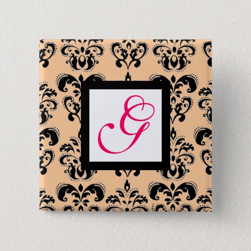 BLACK PEACH DAMASK SQUARE PINK FUCHSIA MONOGRAM PINBACK BUTTON