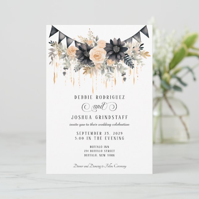 Black & Peach Floral Wedding Invitation  (Standing Front)