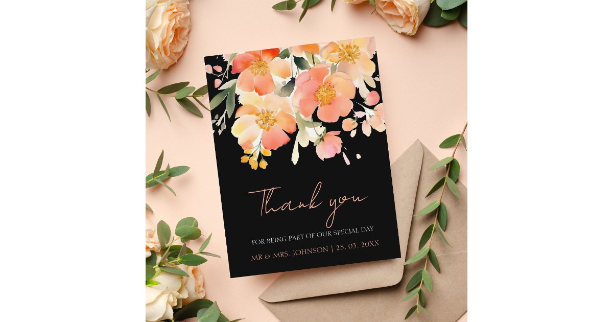 Black Peach Floral Wedding Thank You Card | Zazzle