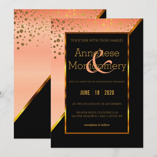 Black &  Peach Gold Dot Wedding Invitation (Front/Back)