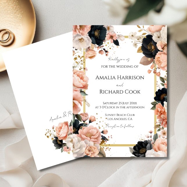 Black Peach Gold Floral Customizable Wedding  Invitation (Creator Uploaded)