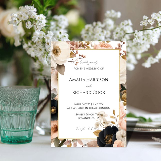 Black Peach Gold Floral Customizable Wedding  Invitation (Creator Uploaded)