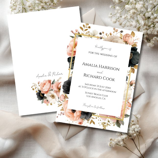 Black Peach Gold Floral Customizable Wedding  Invitation (Creator Uploaded)