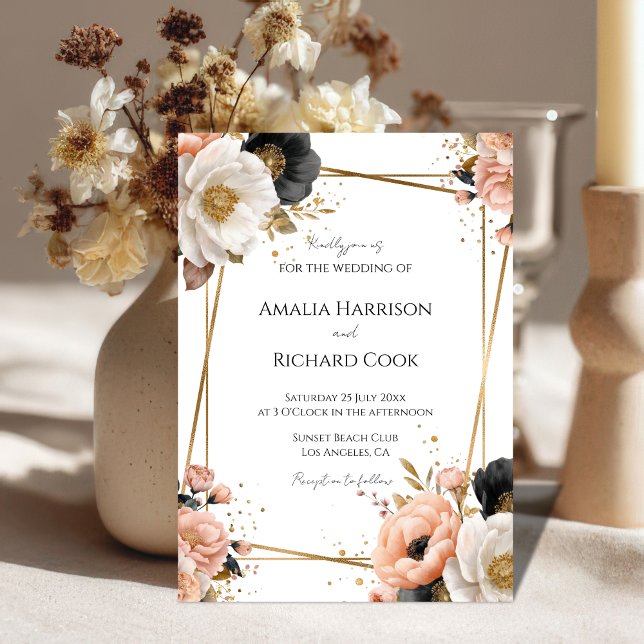 Black Peach Gold Floral Customizable Wedding  Invitation (Creator Uploaded)