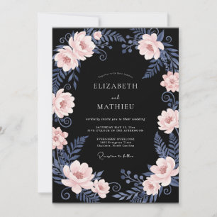 Black Peach Leafy Wedding Invitation
