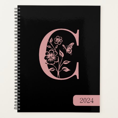 Black Peach monogram initials name minimalist 2024 Planner