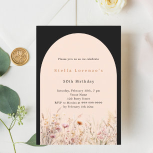 Black peach pink wildflower florals birthday invitation