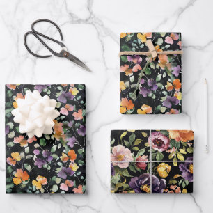 Black Peach Purple Green Floral Birthday Wrapping Paper Sheets