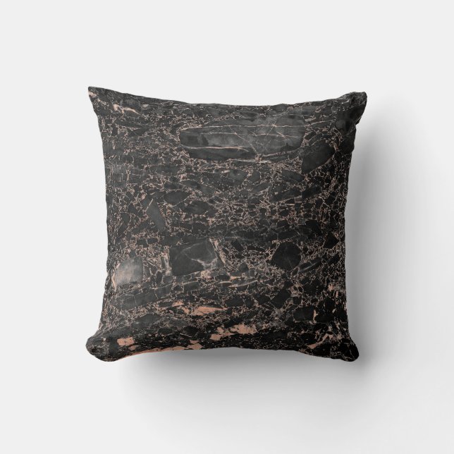 Black Peach Rose Gold Abstract Marble Glam Throw Pillow (Front)