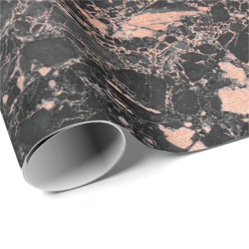 Black Peach Rose Veins Abstract  Marble Stone Glam Wrapping Paper