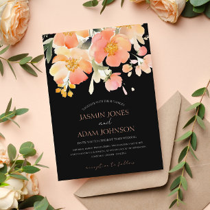 Black Peach Watercolor Floral Wedding Invitation