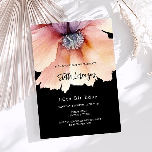 Black peach watercolored floral birthday invitation