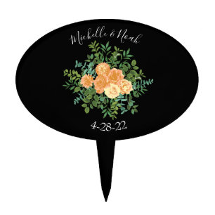 Black & Peach Wedding Modern Floral Cake Topper