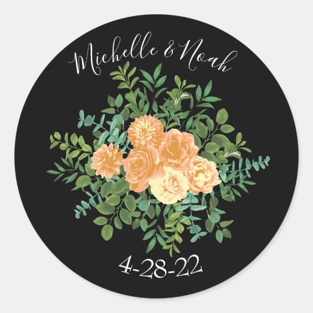Black & Peach Wedding Modern Floral Classic Round Sticker (Front)
