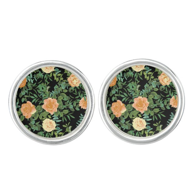 Black & Peach Wedding Modern Floral Cufflinks (Front)