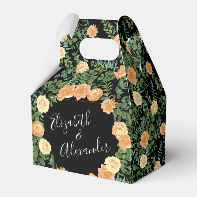 Black & Peach Wedding Modern Floral Favor Boxes (Front Side)