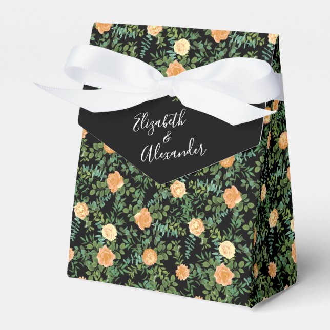 Black & Peach Wedding Modern Floral Favor Boxes (Front Side)