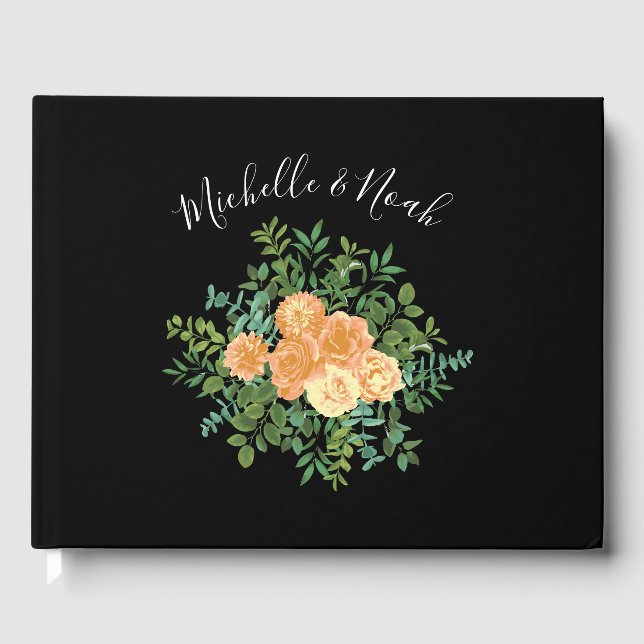 Black & Peach Wedding Modern Floral Guest Book (Front)