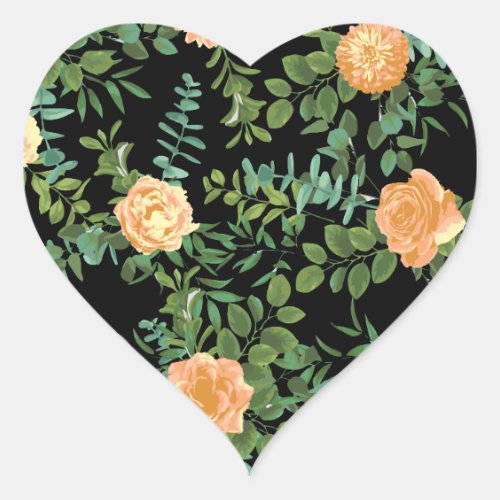 Black & Peach Wedding Modern Floral Heart Sticker