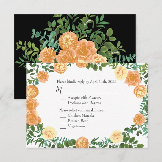 Black & Peach Wedding Modern Floral Invitation (Front/Back)