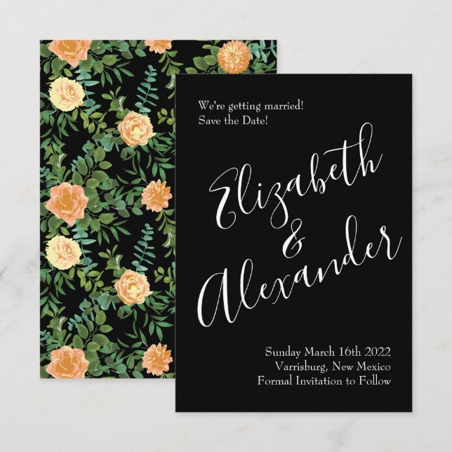 Black & Peach Wedding Modern Floral Invitation (Front/Back)
