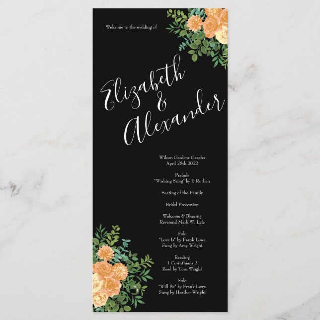 Black & Peach Wedding Modern Floral Menu (Front)
