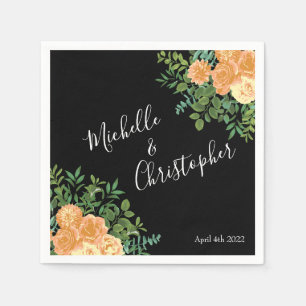 Black & Peach Wedding Modern Floral Napkins