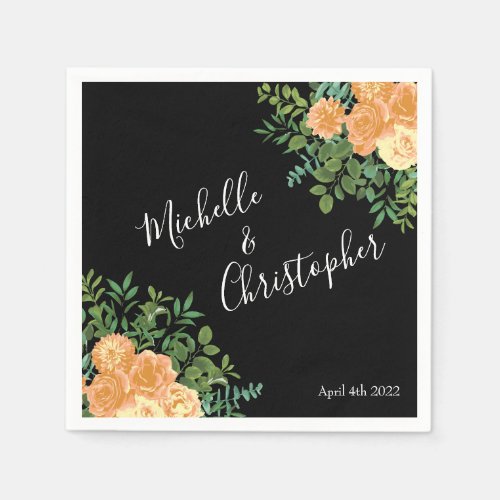 Black  Peach Wedding Modern Floral Napkins