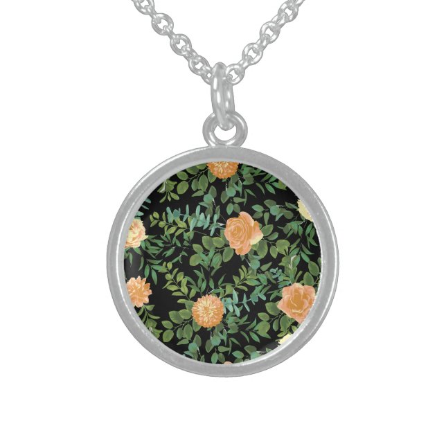 Black & Peach Wedding Modern Floral Sterling Silver Necklace (Front)