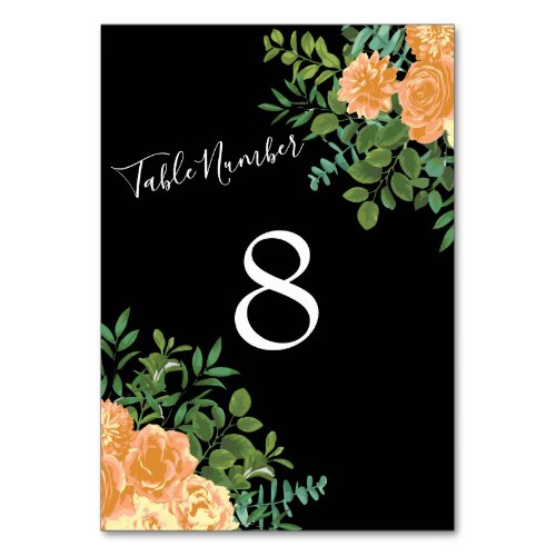 Black  Peach Wedding Modern Floral Table Number