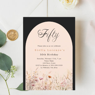 Black peach wildflower florals 50th birthday invitation