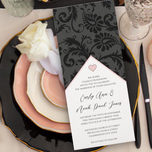 Black Peachy Pink Damask Swirls Wedding Invitation