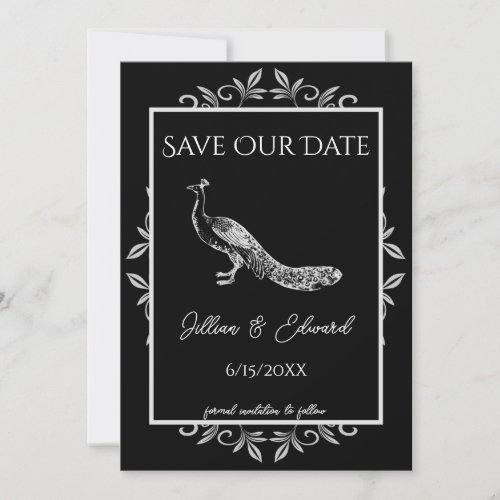 Black Peacock Flourish Save The Date Announcement