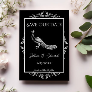 Black Peacock Flourish Save The Date Announcement