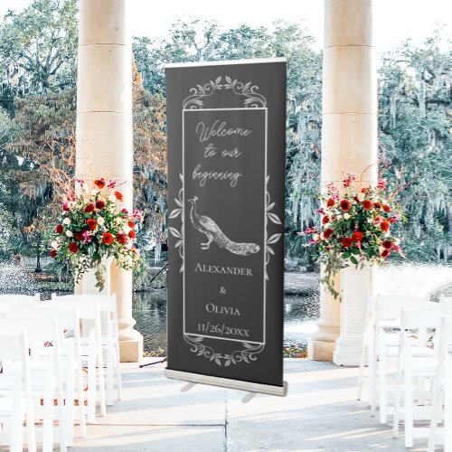 Black Peacock Flourish Wedding Retractable Banner