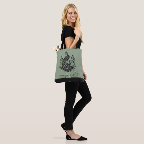 Black peacock modern calligraphy sage green back tote bag