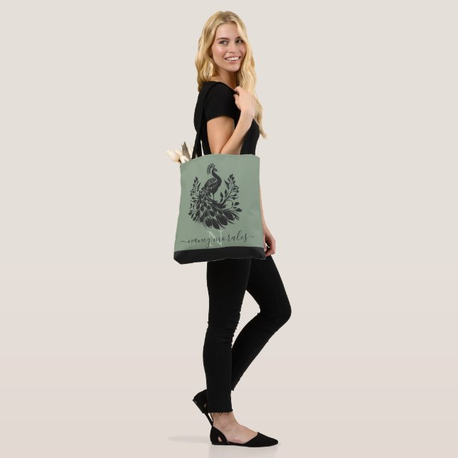Black peacock modern calligraphy sage green back tote bag (On Model)
