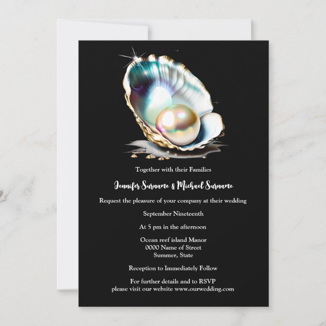 Black pearl in seashell elegant beach island chic invitation (Front)