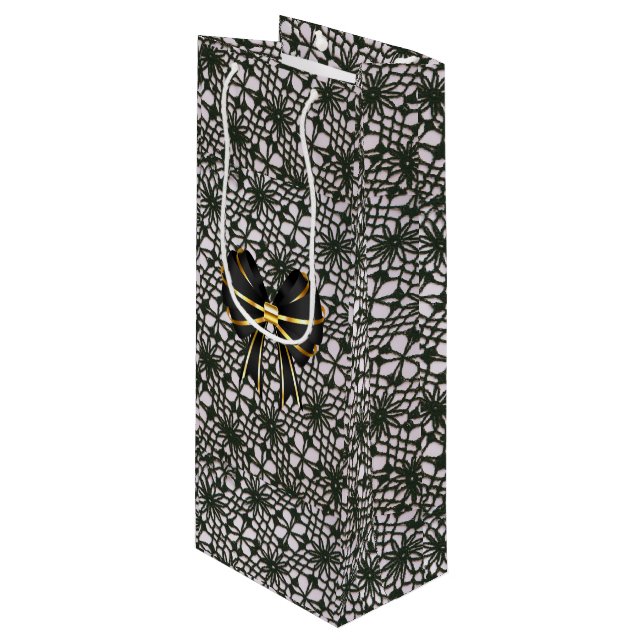Black Pearl Lace and Bow Wine Gift Bag (Front Angled)
