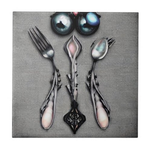 Black Pearls Surreal Silverware Ceramic Tile