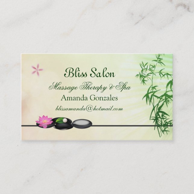 Black pebbles, lotus, bamboo Spa Business Card (Front)