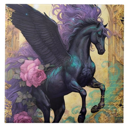 Black Pegasus and Ornate Damask Ceramic Tile