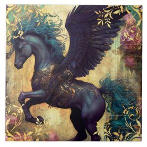 Black Pegasus and Ornate Damask Ceramic Tile