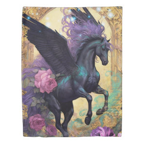Black Pegasus and Ornate Damask Duvet Cover