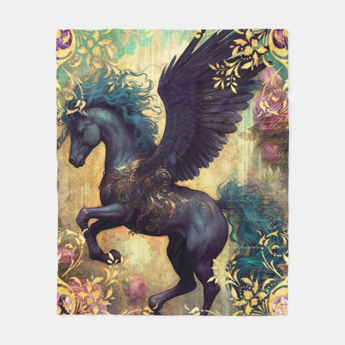 Black Pegasus and Ornate Damask Fleece Blanket