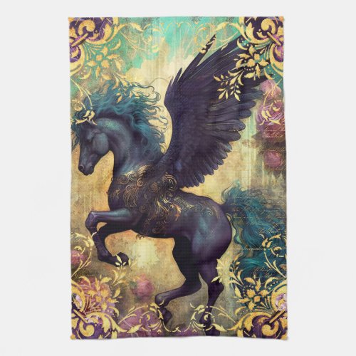 Black Pegasus and Ornate Damask Kitchen Towel