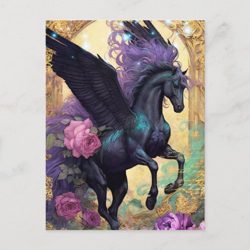 Black Pegasus and Ornate Damask Postcard